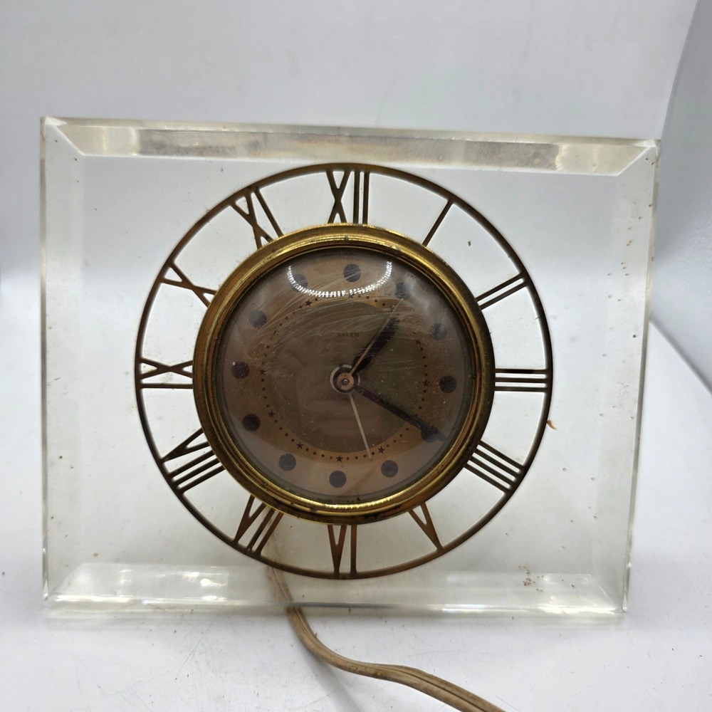 Vintage Salem Electric Clock Clear Lucite Acrylic Gold Roman Numerals MCM
